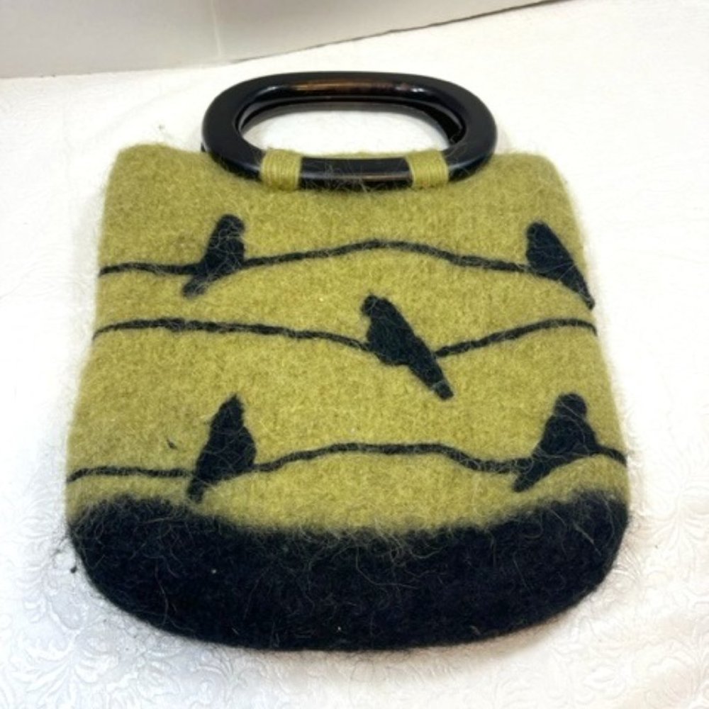 Wool Green w/Birds Double Wooden Handle Handbag Purse Hnadmade